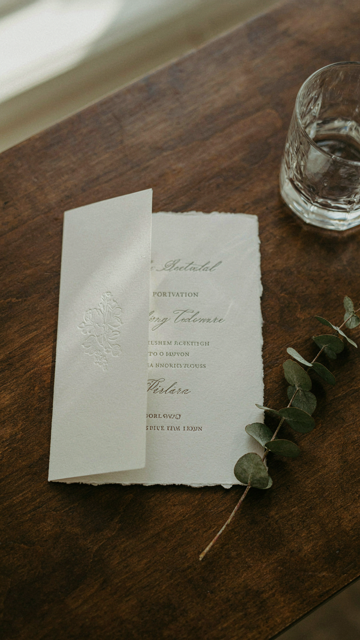 A partially opened formal invitation card rests on a dark wooden table.