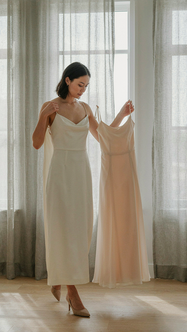 Woman comparing dress options for a semi-formal event.