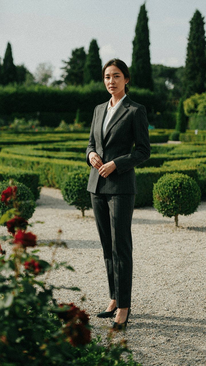 A woman in a formal suit stands on grass at an outdoor event.