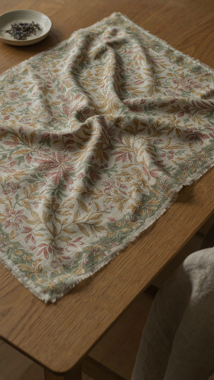 An antique silk scarf with a muted pattern displayed on a polished wooden table.