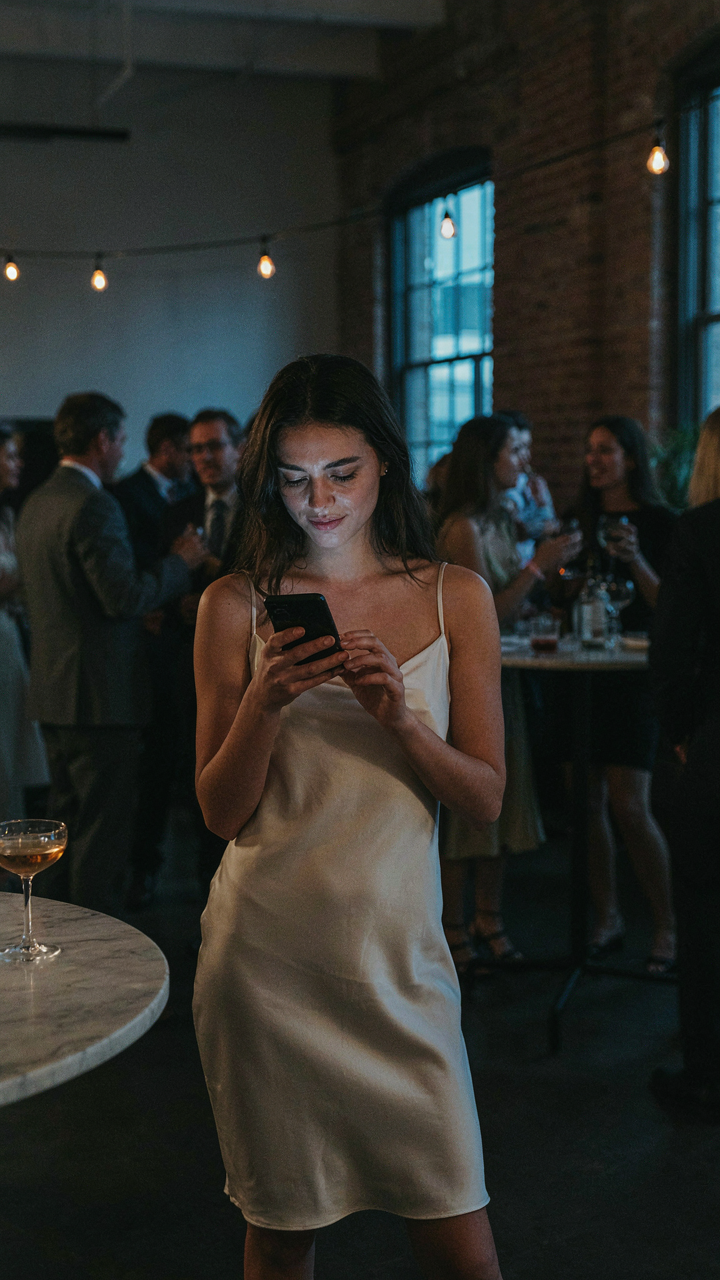 A person texts on a phone to understand the party's vibe for casual cocktail attire.