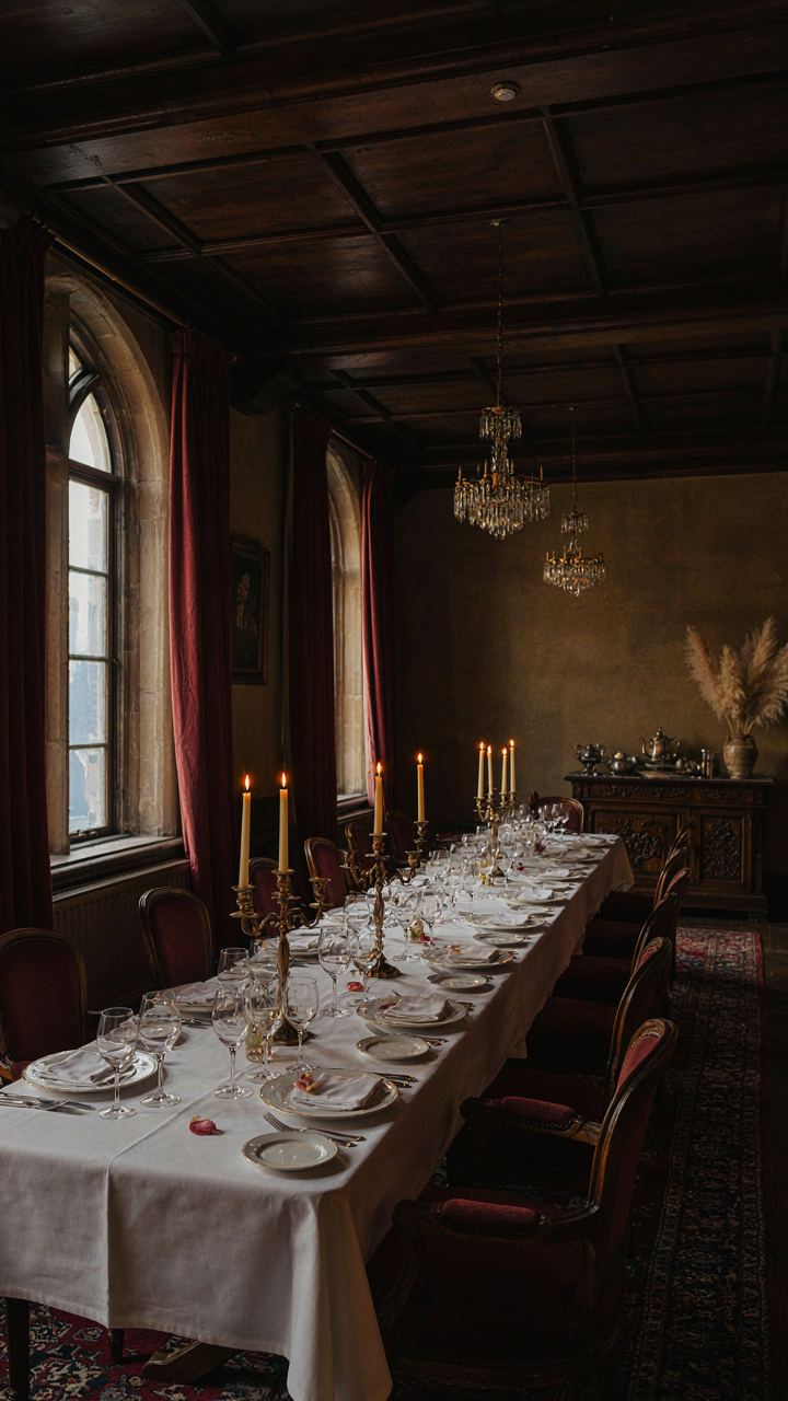 Elegant, dimly lit historic hotel dining room with warm lighting.