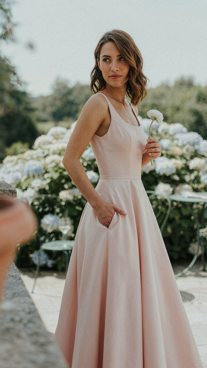 Woman in an A-line wedding guest dress, hand in a pocket, showing waist definition.