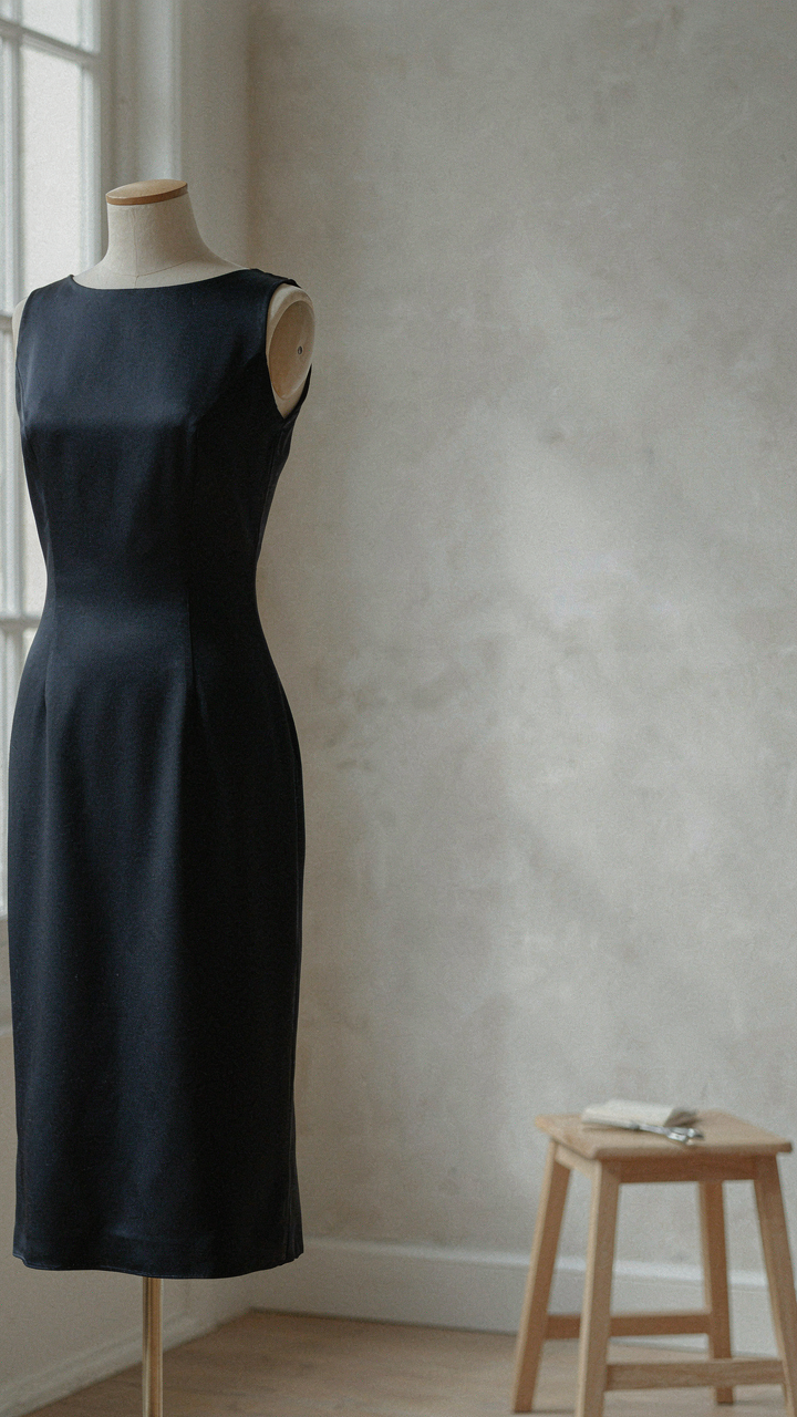 A perfectly tailored navy silk charmeuse dress hanging, showing elegance.