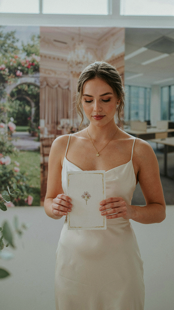 A woman holding an elegant wedding invitation card, with blurred event venues behind.