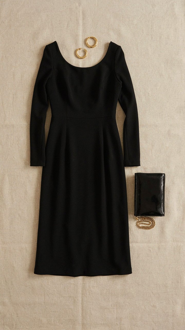 A flat lay of a black midi dress, gold earrings, and a structured clutch.