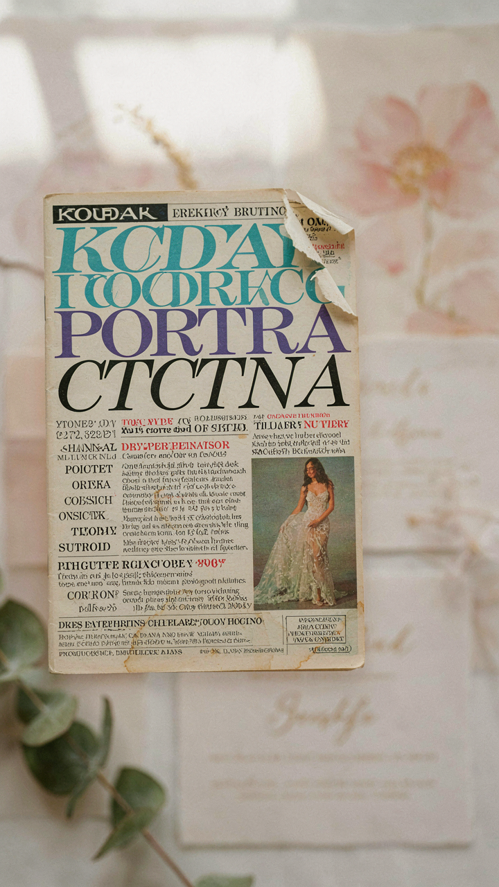A 1990s fashion magazine cover about wedding outfits lies torn over an invitation.