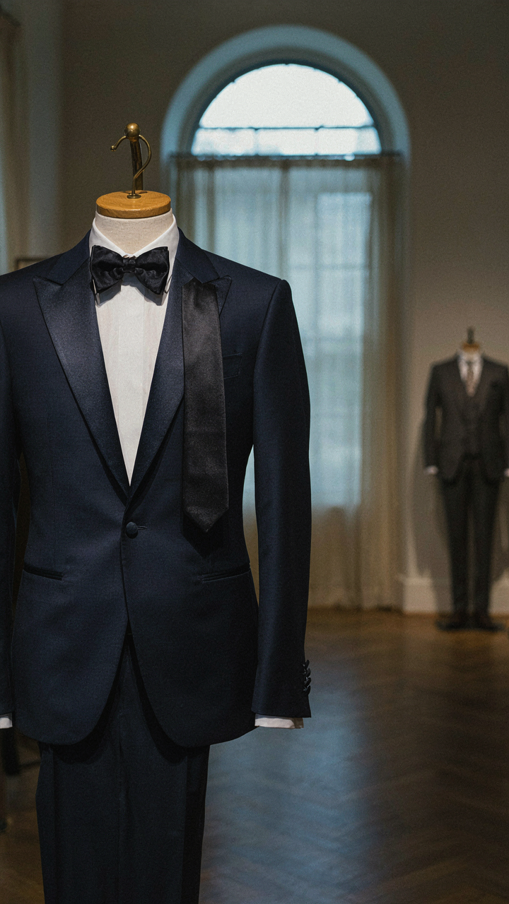 A midnight blue tuxedo jacket with a peak lapel on a mannequin.