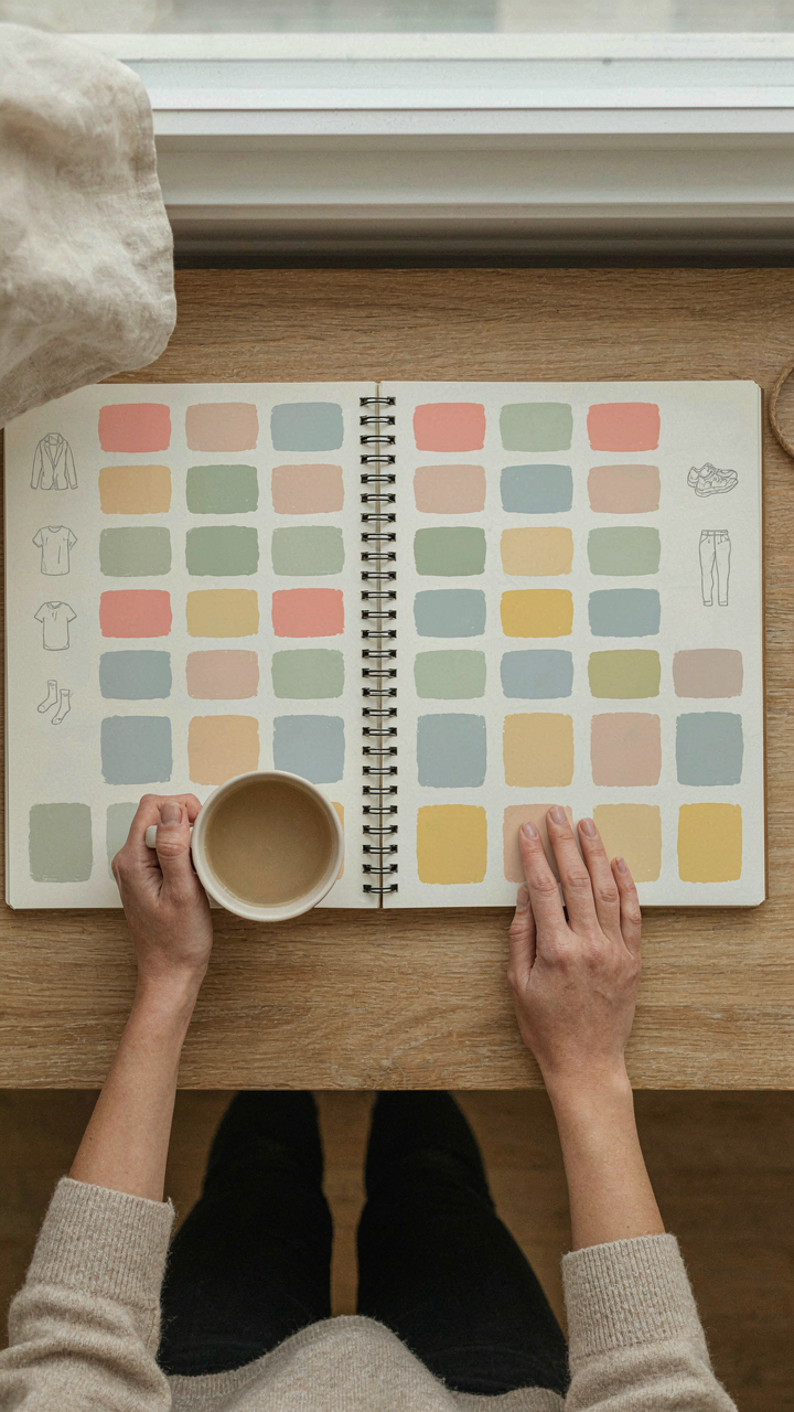 A planner showing a daily schedule with clothes sketched next to activities.