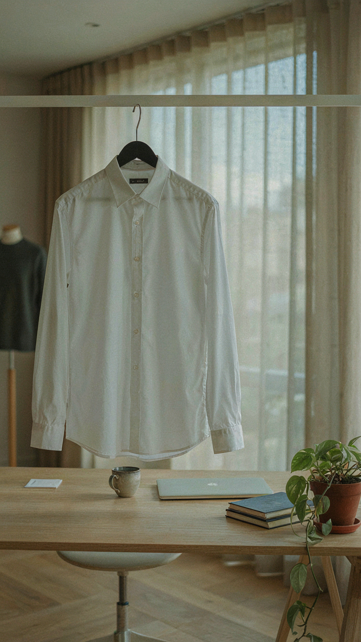 A white button-up shirt hangs in a professional office next to a tech workspace.