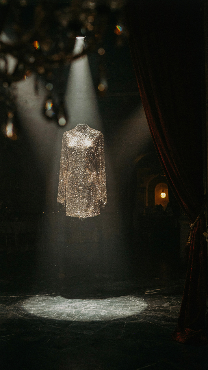 A sequin top under a spotlight in a dimly lit, luxurious event space.