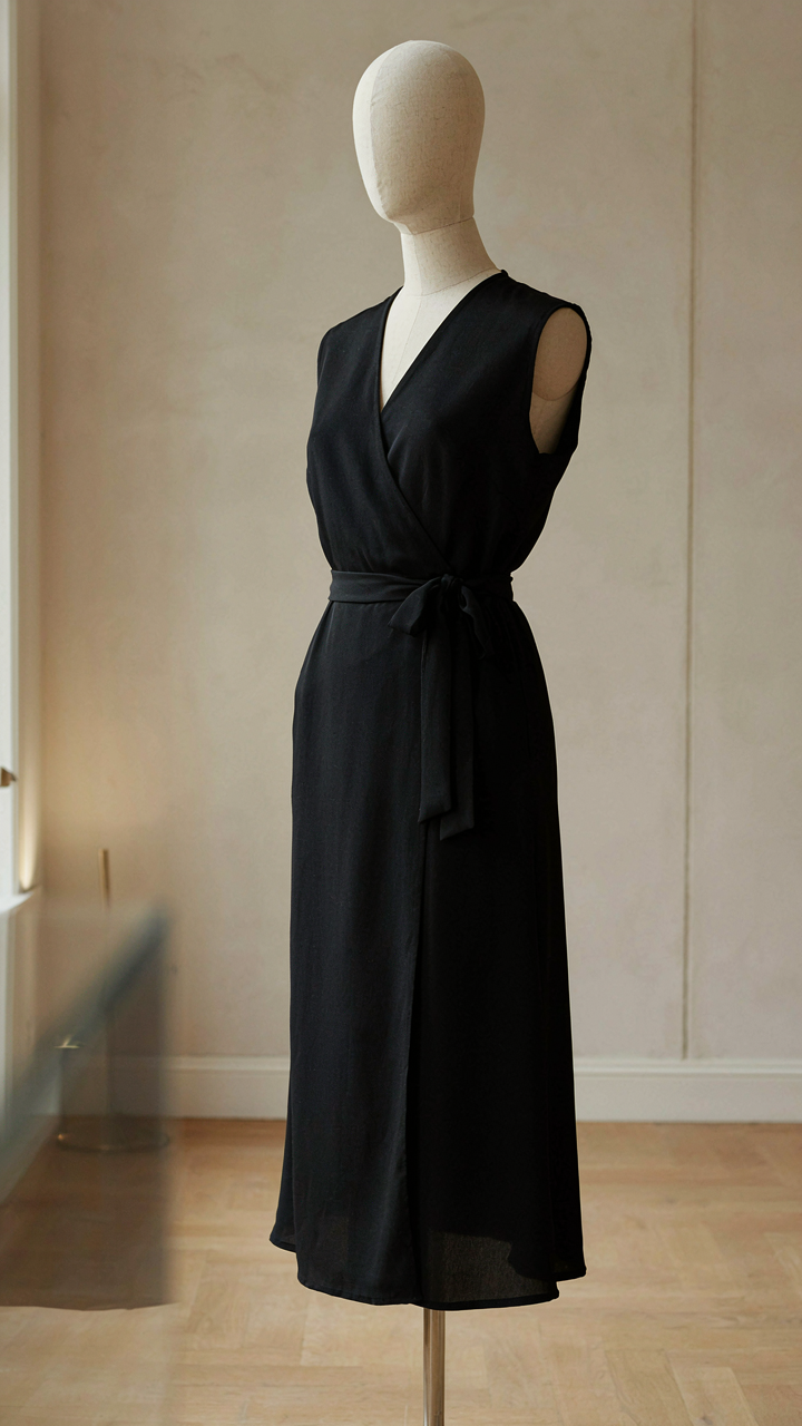 A perfectly tailored black wrap dress stands on a mannequin.