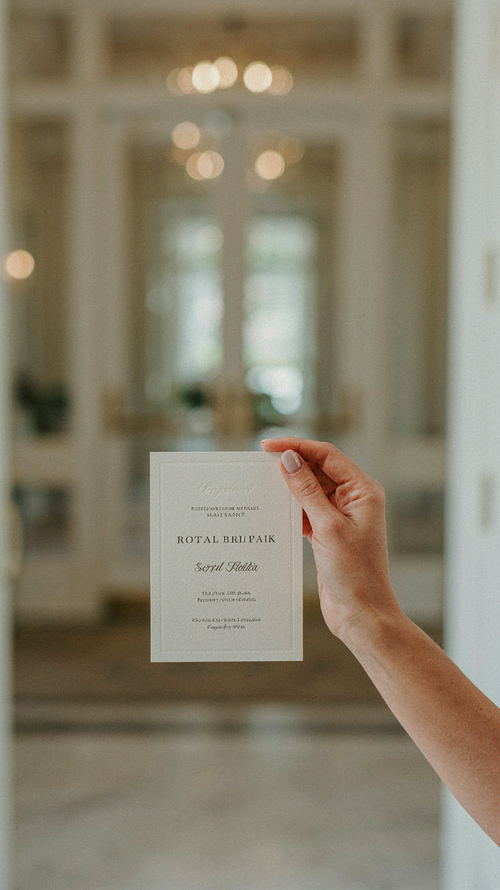 A woman holds an invitation, assessing a formal venue before choosing her networking event outfit.