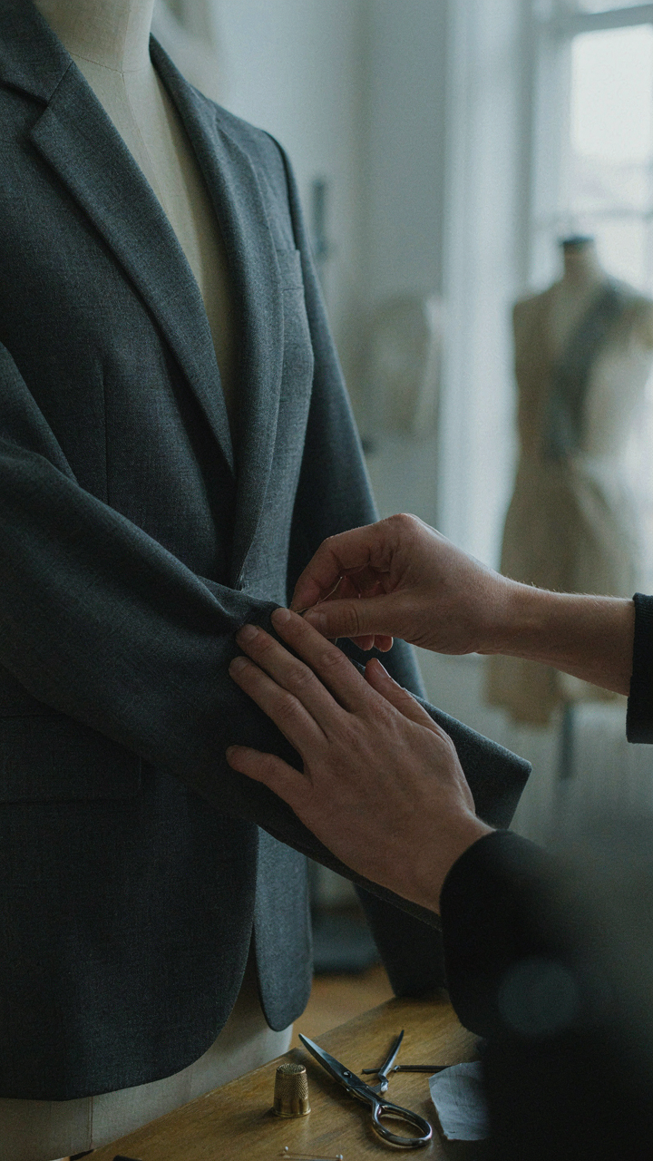 A tailor's hand pinning the sleeve of a blazer, adjusting for length.