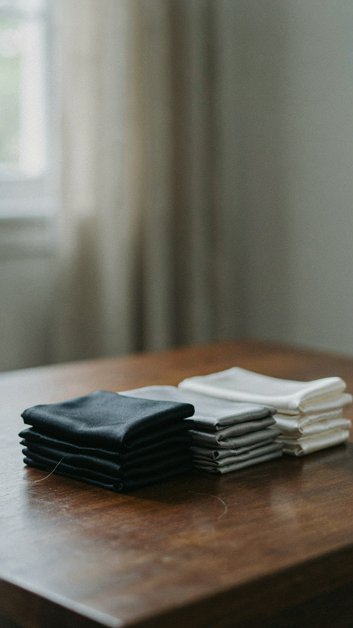 A stack of folded high-quality fabrics, silk, crepe, and satin.