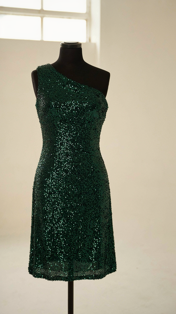 A one-shoulder sequin mini dress with strategic sequin placement.
