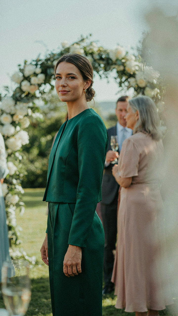 A woman in a stylish wedding guest two piece set stands confidently among guests.