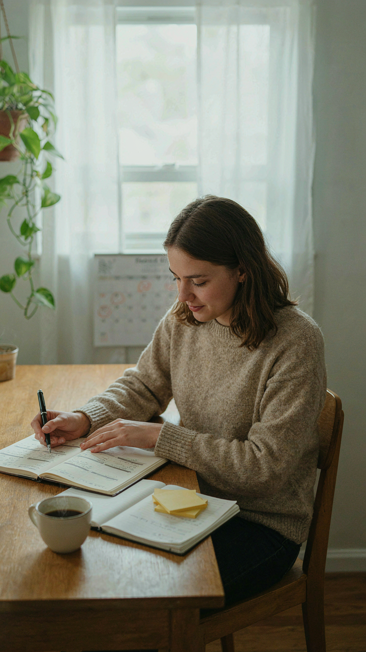 A person sits at a desk, carefully tracking daily activities in a planner and notebook.