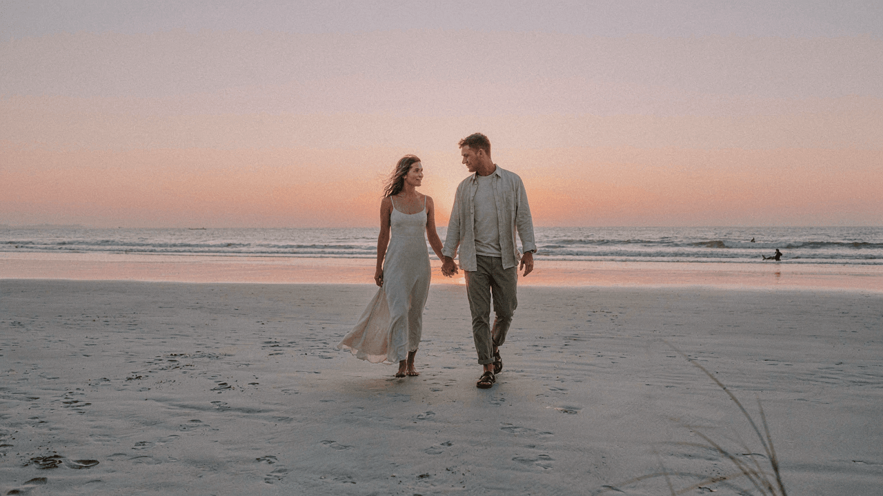 A stylish couple walks on a beach at sunset, dressed for a destination wedding.