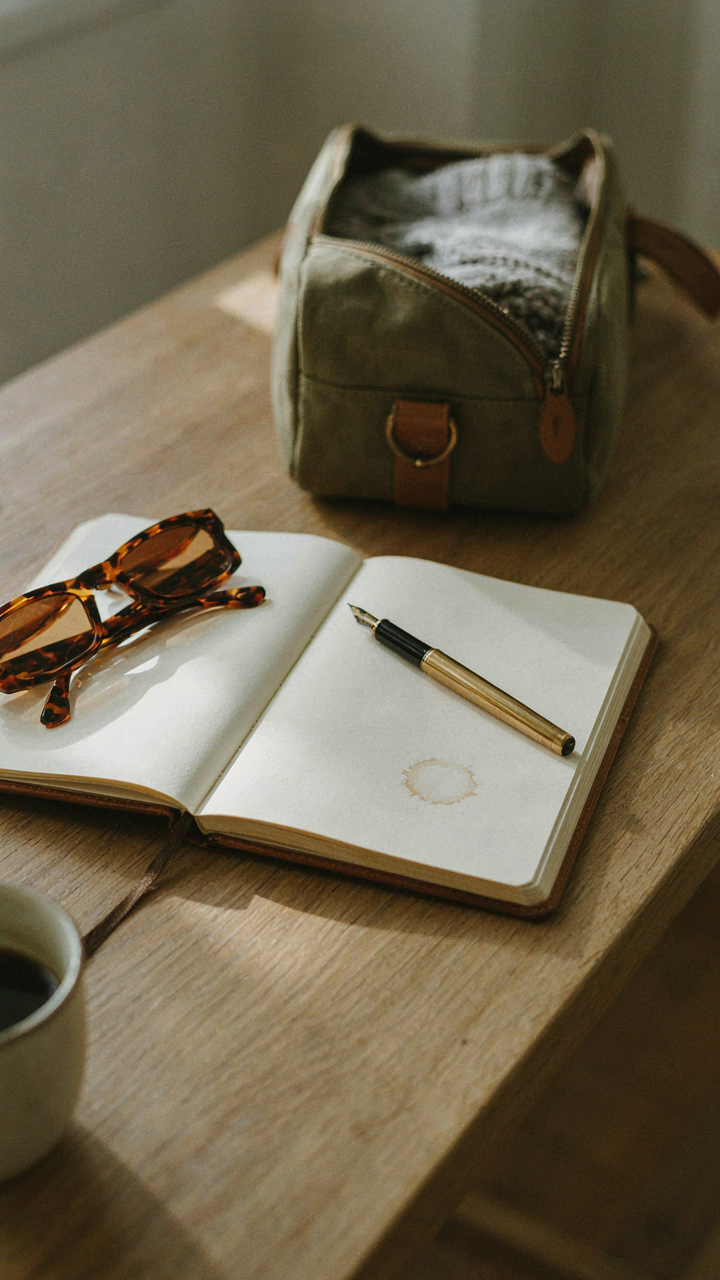 A journal with notes about a trip's packing, next to a carry-on bag.