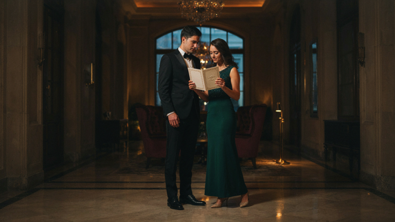 A man in a tuxedo and a woman in a cocktail dress look at an event invitation.