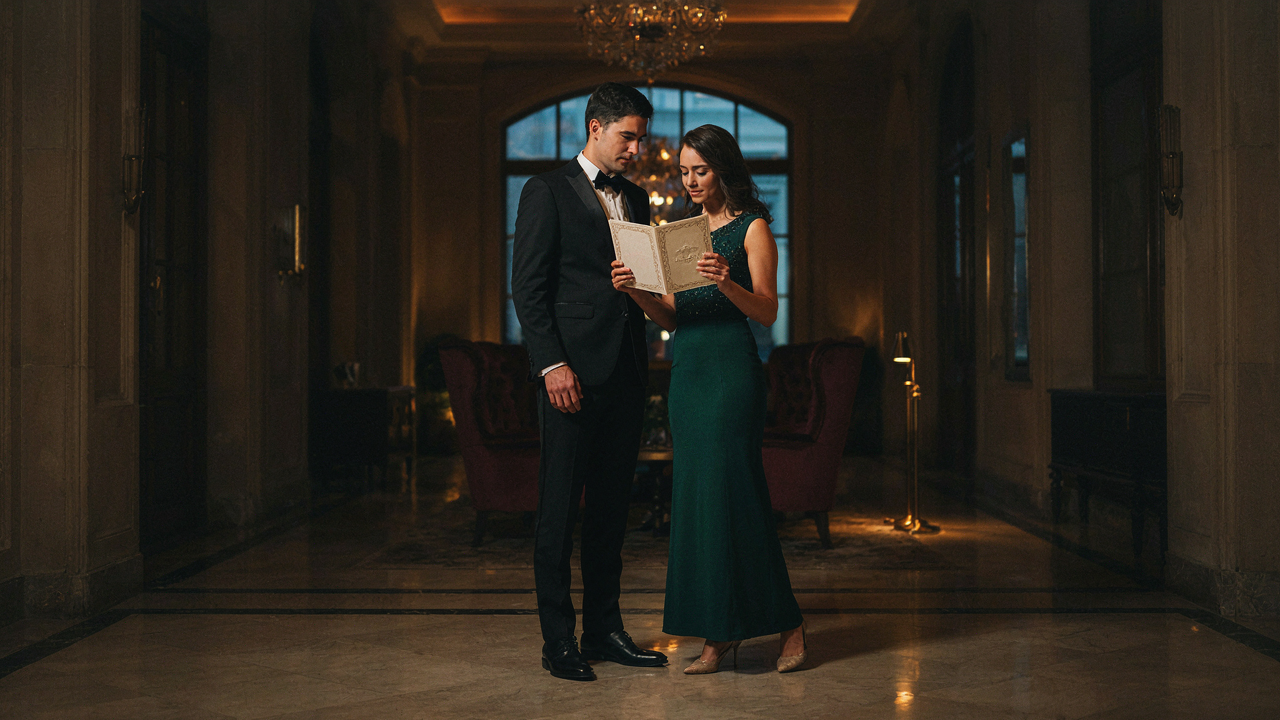 A man in a tuxedo and a woman in a cocktail dress look at an event invitation.