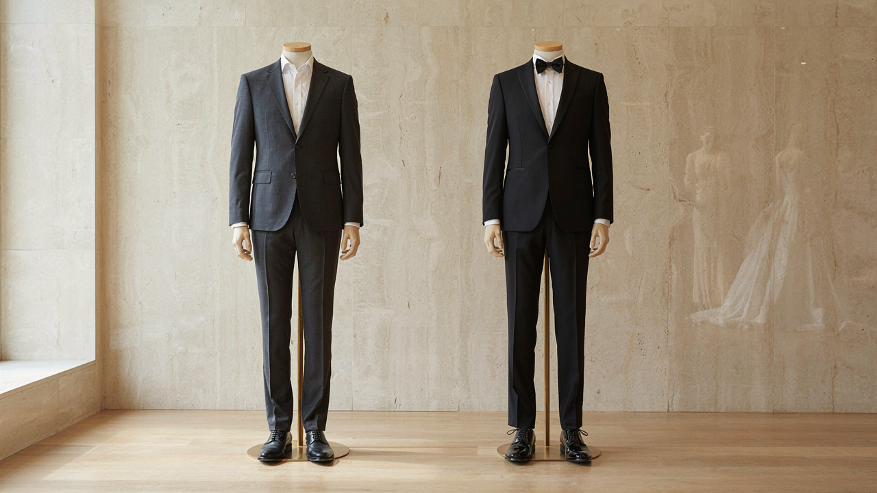 Comparison of a semi-formal dark suit and a formal tuxedo side-by-side in a store window.