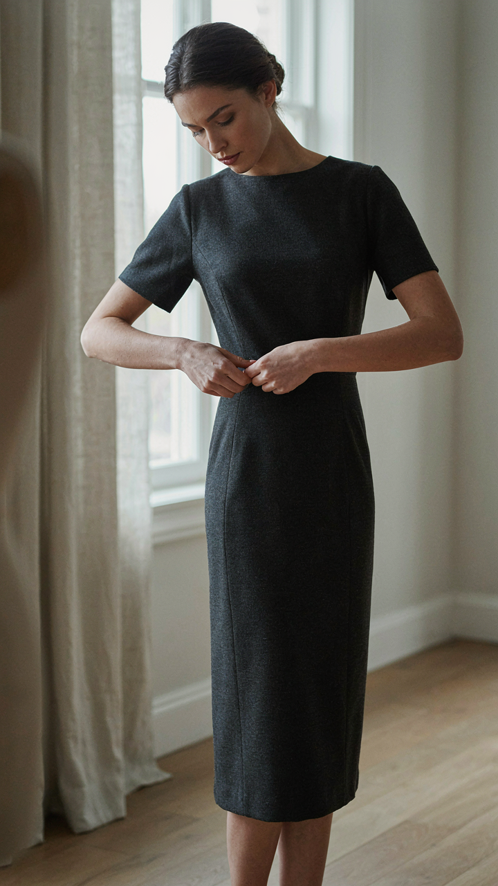 A woman adjusts her precisely tailored, sophisticated sheath dress at a country club.
