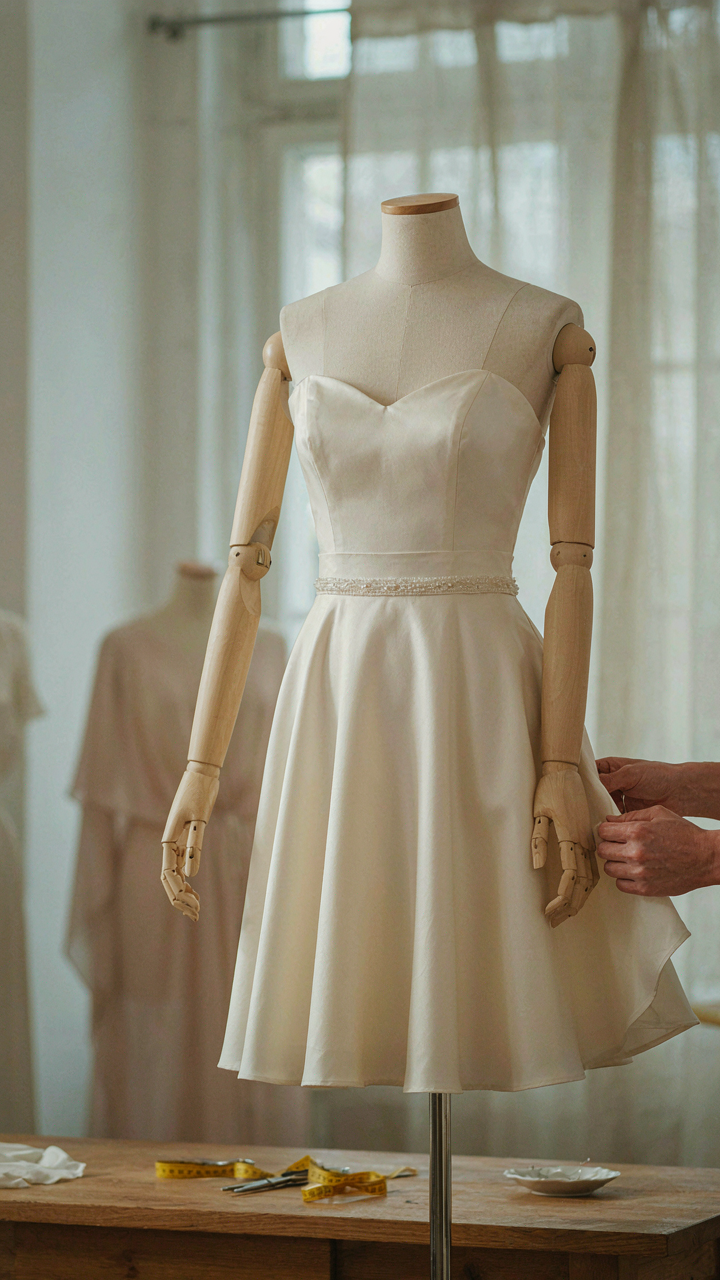A tailor's hands adjusting the hem of a cream formal mini dress.