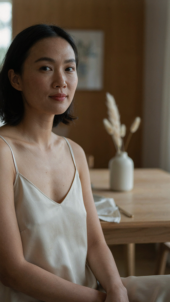 A woman with a confident smile makes eye contact at a dining table.