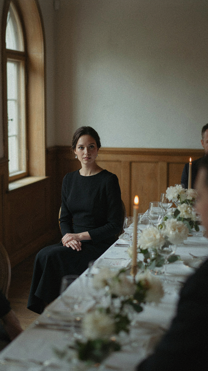 A woman in a tailored black cocktail outfit seated elegantly at a dinner table.