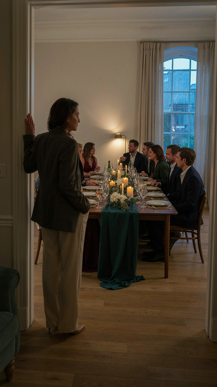Person subtly observing a stylish dinner party from the entrance.