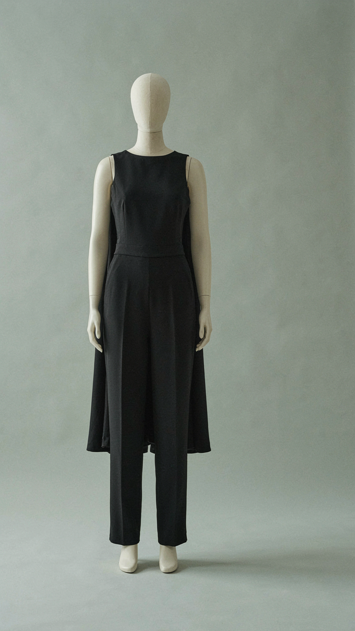 A perfectly tailored dark jumpsuit with cape on a minimalist mannequin shows structural coherence.