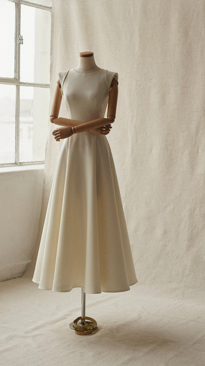 A structured A-line dress on a tailor's dummy, showing a strong foundation.