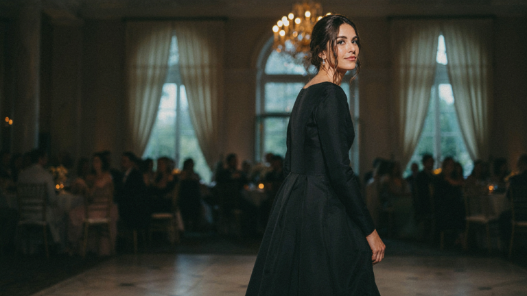 A dramatic classic wedding guest in a black gown stands in a grand hall.