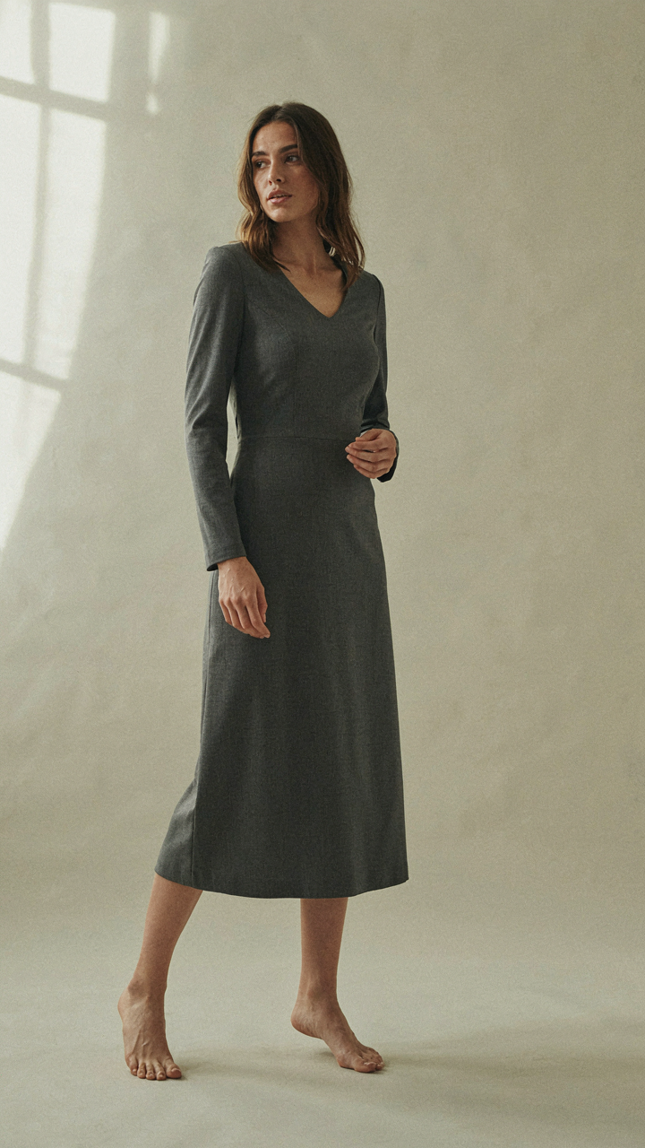 A woman in a grey semi-formal midi dress rotates her torso smoothly.