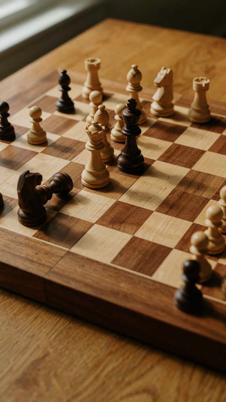 A chessboard shows a complex strategic game in progress.