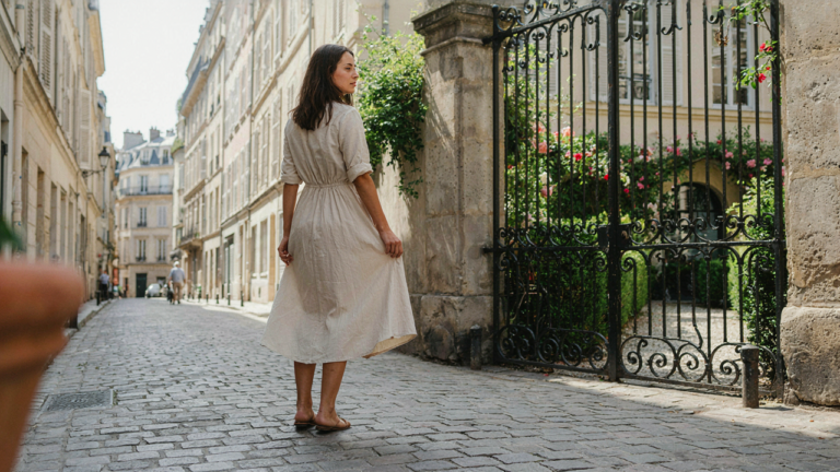 Woman in dress on city street looks toward a garden gate. dress photo ideas outdoor.