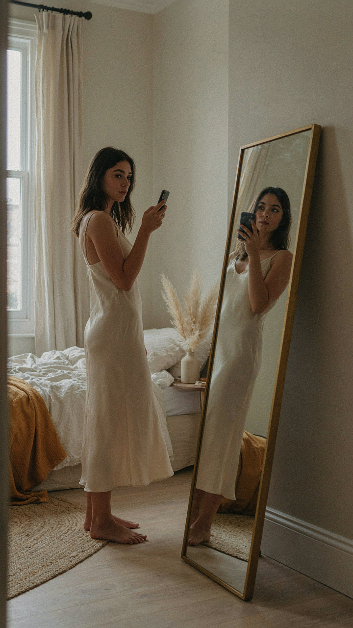 Woman in a dress, angled from the mirror, creating depth and tension in mirror selfie poses.