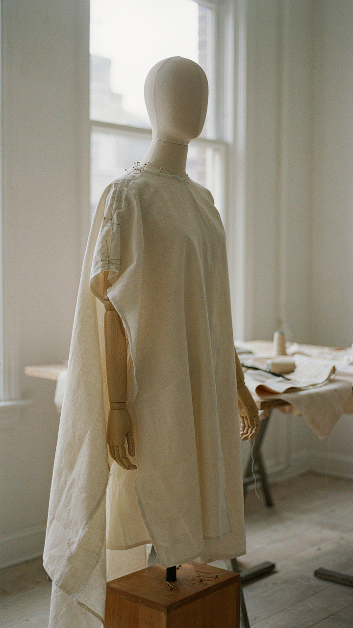 A muslin cape prototype on a mannequin shows detailed pattern alterations.