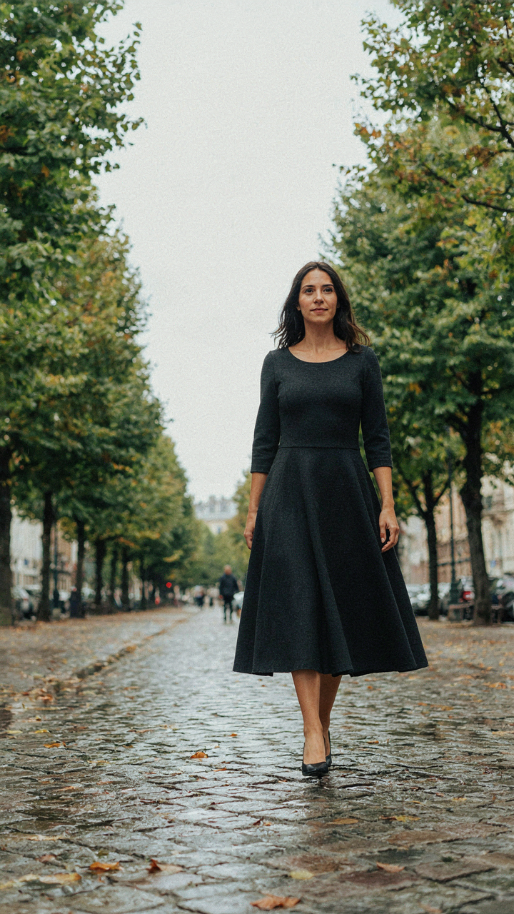 A woman walks in an A-line midi dress that flows freely, not clinging.