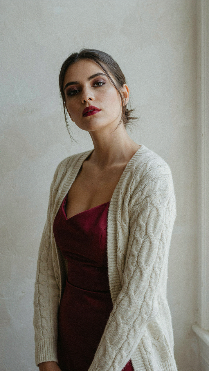 Woman with defined eye makeup and a deep red lip wearing a cardigan and dress.