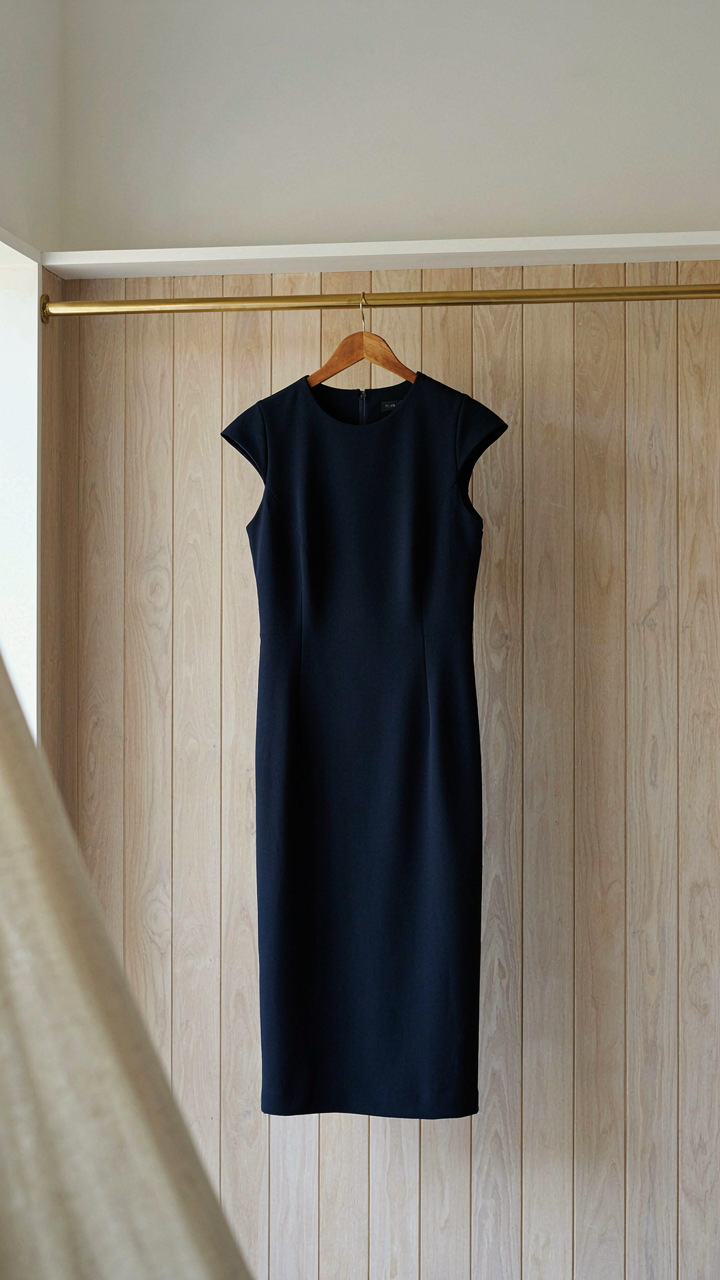 A navy knee-length sheath dress hangs neatly in a closet.