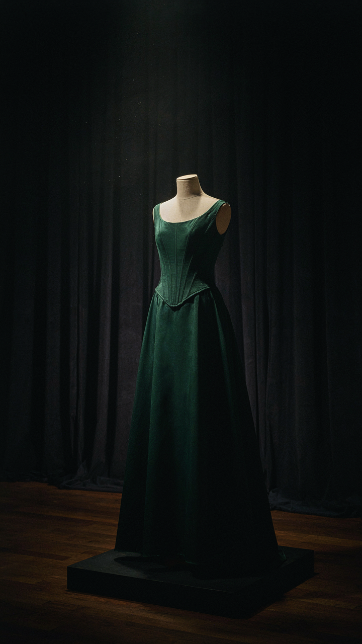 A structured emerald green formal gown with boning on a mannequin.