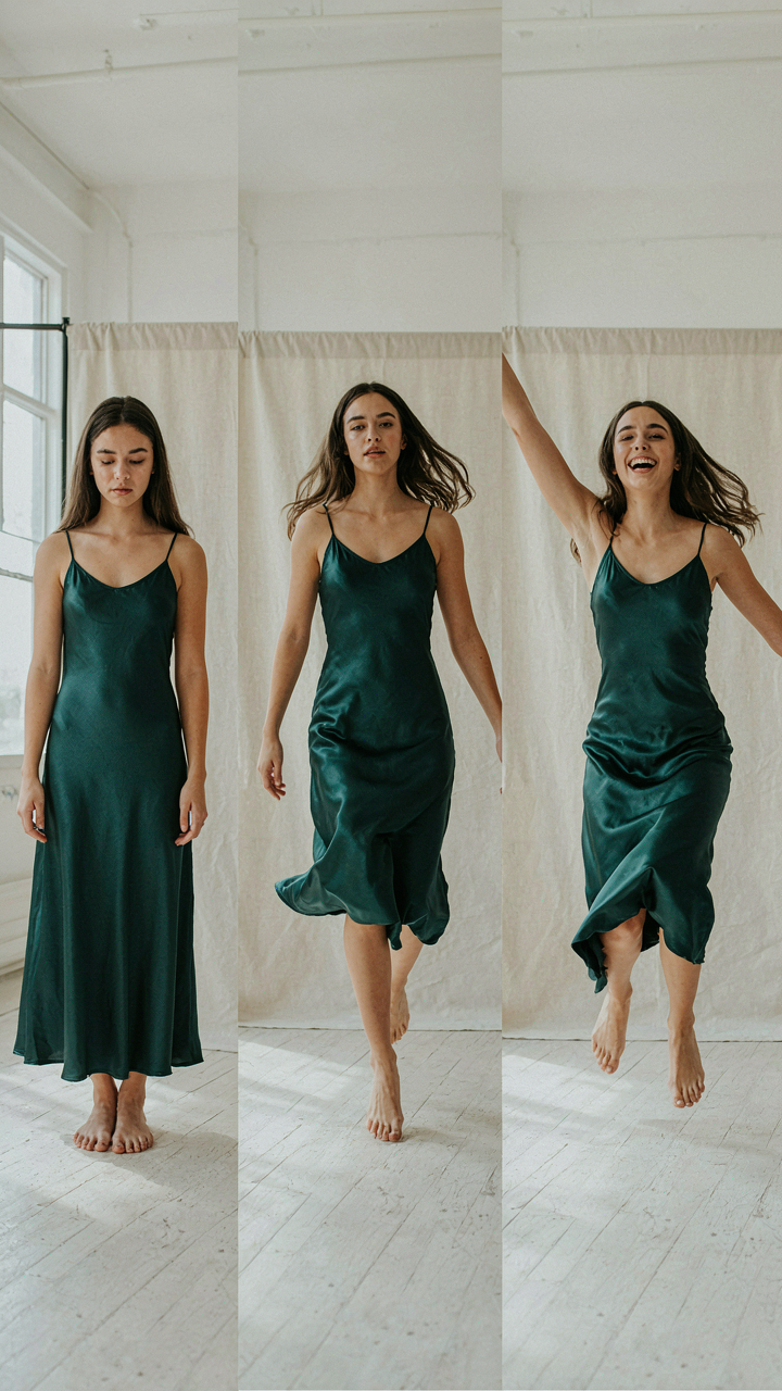 Three film frames showing a satin dress moving from still to dynamic.