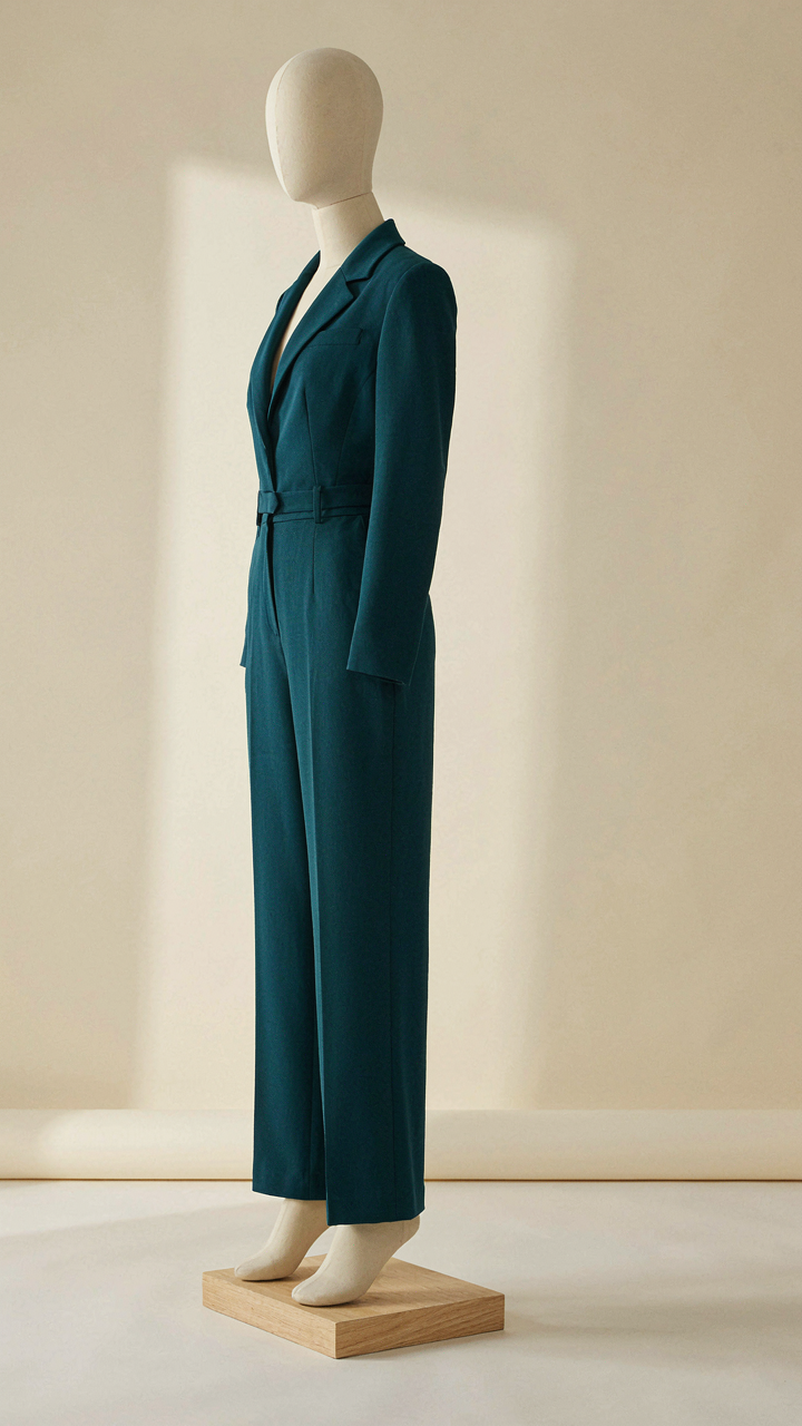 A perfectly tailored deep teal jumpsuit on a mannequin.