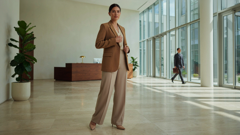 A woman in dressy casual attire adjusts her blazer in a bright, modern office.