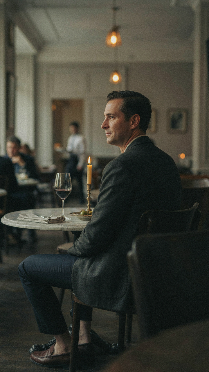 A person in a blazer and tailored trousers sits in a dressy restaurant.