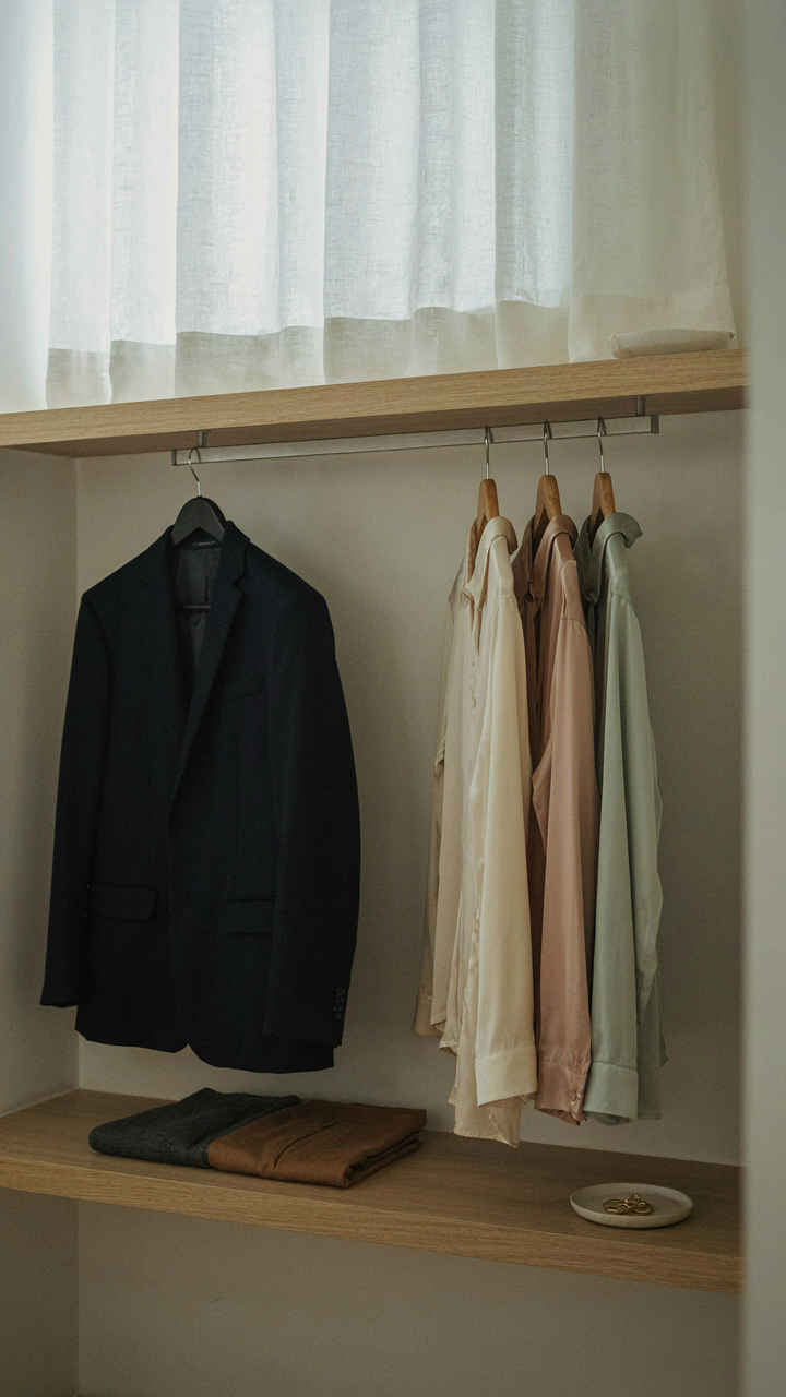 A wardrobe with a navy blazer, two trousers, and three blouses for outfit building.