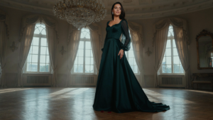 Woman in a formal gown wears chandelier earrings in a grand ballroom.